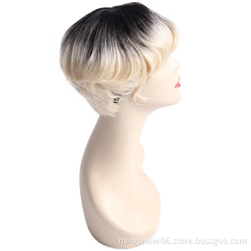 Heat resistant synthetic lace front wig, invisible synthetic hair wig short